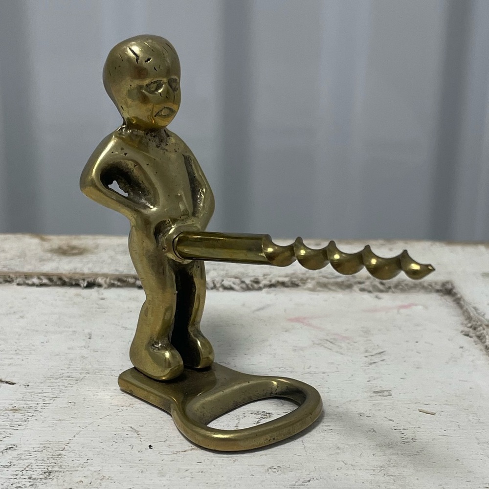 Vintage brass Naughty Boy wine corkscrew and bottle opener combo tool